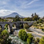 Aerial view of Puente Grau with El Misti in the background, Arequipa, Peru.